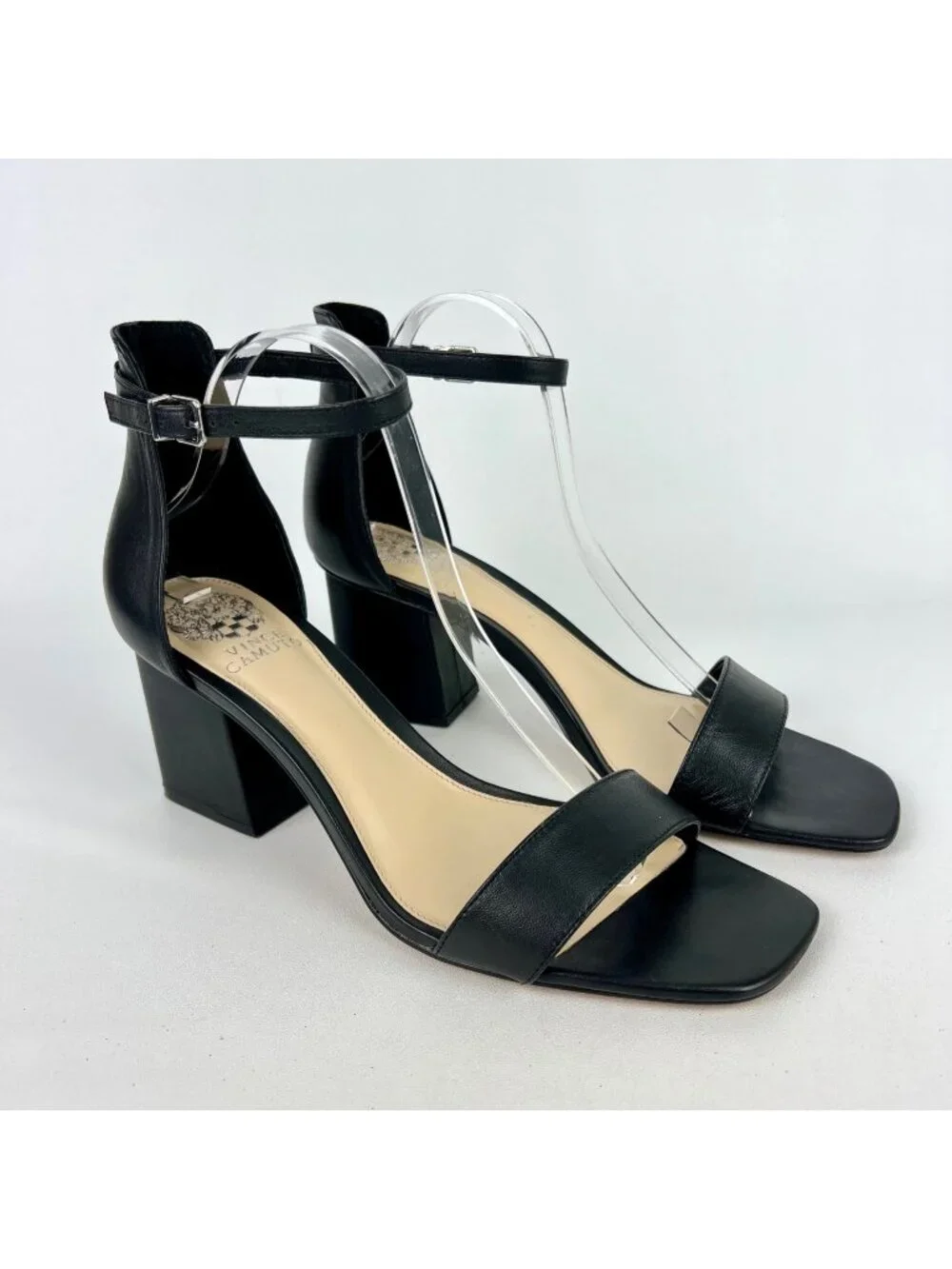 Vince Camuto Womens Margry Block Heel Sandal Black Leather Ankle Strap size 11